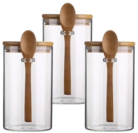 NAVACALA Glass Storage Jars with Lids 750ML Set of 3 - High Borosilicate Glass Airtight Kitchen Food Canisters Cylinder Clear Preserving Seal Containers with Lid and Spoon 750 ml