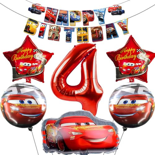 Cars Geburtstagsdeko 4 Jahre Jungen, mit Riesenzahl 4 Folienballon Luftballon, Auto Folienballons, Cars Happy Birthday Banner, 4 Jahre Cars Geburtstag Dekoration Set, Party Geburtstagsdeko Jungen