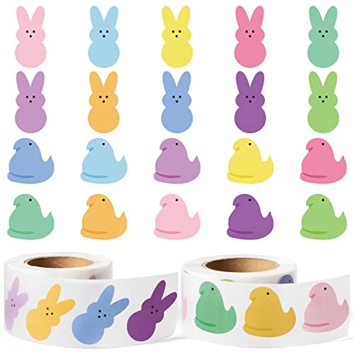 PANTIDE 1000Stück Ostern Hase Marshmallow Küken Aufkleber (2 Rollen) Zeichentrickfilm Hase Küken Geformt Aufkleber Niedliche Aufkleber Abziehbild Geschenkanhänger Frühling Geburtstag Party Zubehör