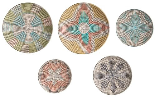 Beliani Wanddeko Seegras bunt geflochten Wandkörbe 5er Set Kreise Boho Sonla