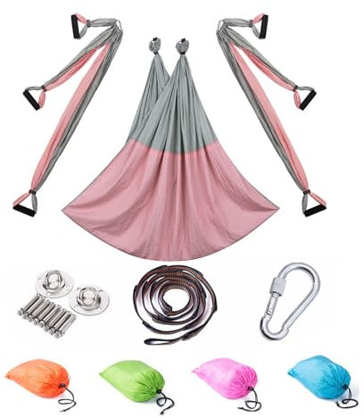 BABANI Yoga Hängematte Set Aerial Yogatuch Rosa Nylon Hammock Swing Therapieschaukel Schaukeltuch Yogagurt Hängetuch Inversion 145 cm x 250 cm