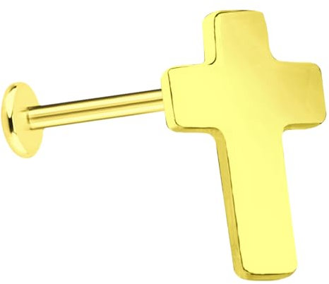 Ohr Piercing Labret Stecker in 1,2 x 6 mm mit Innengewinde und Kreuz Aufsatz in gold