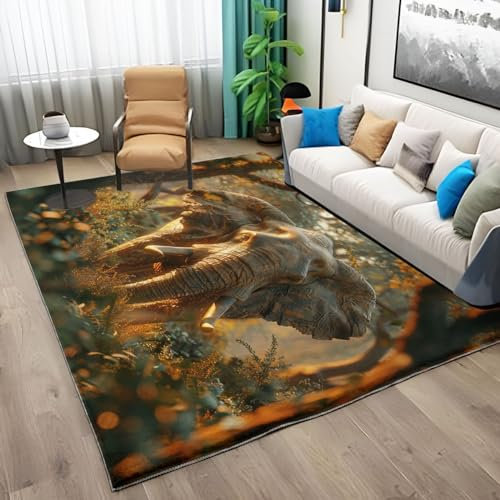 Waschbarer Teppich 180 x 240 cm Modern Stilvoll Bedruckter Läufer, Elefantenwaldlandschaft Tiermotiv rutschfest Teppich für Wohnzimmer Schlafzimmer Büro Modern Design - Kurzflor Kinderzimmer Läufer