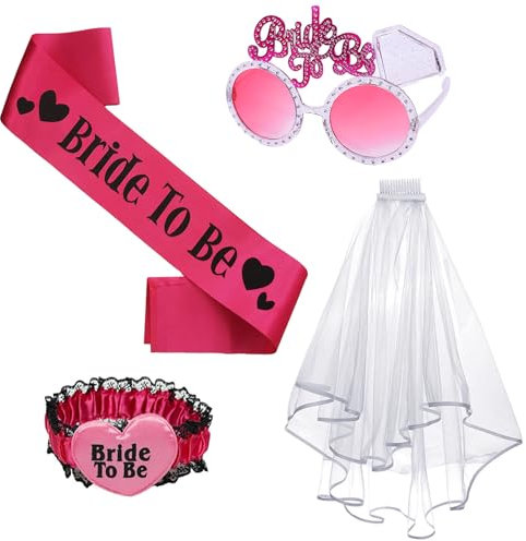 SURLIFE Addio al Nubilato Gadget, Kit Gadget Bride to Be con 4 Pezzi: Giarrettiera, Velo Bride, Fascia da Sposa e Occhiali Rosa