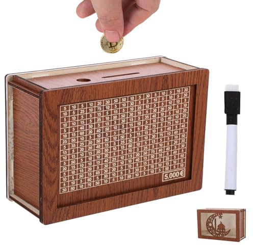 Sparbüchse aus Holz: Retro Sparbüchse Aufbewahrungs Box Wiederverwendbare Spardose durchbrochenes Muster mit Markierungsstift Sparziel und Zahlen zum ankreuzen
