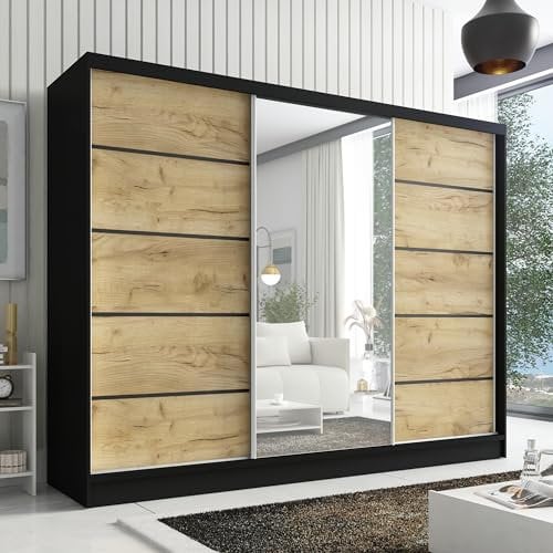 A&J MöbelLand Schwebetürenschrank Aurelia 2 Kleiderschrank 3-türig mit Schubladen, und Spiegel, Garderobe 200 cm (Schwarz/Eiche Kraft Gold)