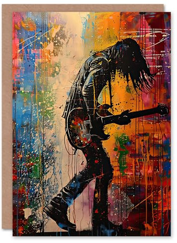 Artery8 Greeting Card Grunge Rock Music Guitarist Colourful Portrait Blank For Him Or Her Art Birthday Card
