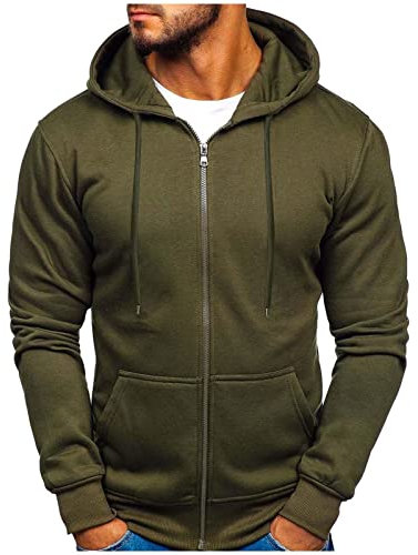 Felpa con cappuccio da uomo, con cerniera e tasche sul davanti, resistente, sportiva, in tinta unita, leggera, casual, colore nero, Verde, L