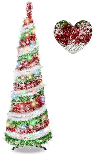 5FT Pop Up Collapsible Pencil Christmas Tree with 90 Colorful LED Lights, Tinsel Artificial Tree for Indoor Home Holiday Party Xmas Decor