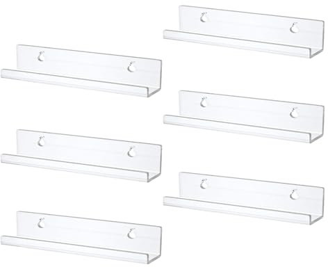 6Pcs Clear Acrylic Shelf, 12 Floating Shelves for Vinyl Record, Clear Wall Shelf, Rack Organizer Wall Mounted, Invisible Bookshelf, Display Ledge for Storage Book Photo Picture Makeup Record Spice