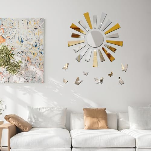 Shackcom Adesivi Murali 3D Specchio con Girasole con 8pcs Farfalle Specchio Adesivo da Parete Acrilici Rimovibili Decorazioni da Parete DIY per Camera da Letto Soggiorno-Argento