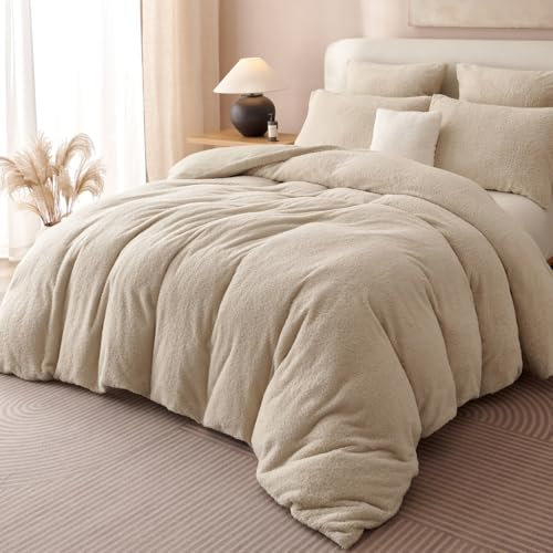 Lanqinglv Plüsch Bettwäsche 155x220 Teddy Fleece Beige Flauschige Bettwäsche Set Cashmere Touch,ÖKO-TEX Warme Winterbettwäsche Thermo Wende Bettbezug und 1 Kissenbezug 80x80 cm mit Reißverschluss