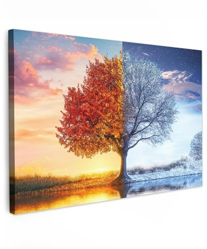 MuchoWow© Leinwand Groß 120x80 cm XXL Deko Schlafzimmer Aesthetic Leinwandbilder Wohnzimmer Gemälde Foto Geschenk Living Room Decoration Jahreszeiten - Kunst - Baum - Herbst - Winter