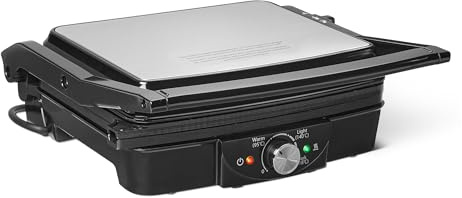 Amazon Basics Elektrischer Kontaktgrill, 2000W, Plattengriller mit Temperaturregelung, 180° Öffnung, Antihaftplatten, für Sandwiches, Paninis, Burger, Schwarz