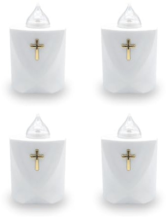 AROBA 4x LED Grabkerze Trauerlicht - Flackereffekt wie echte Kerze - lange Brenndauer bis 120 Tage - wiederverwendbar Friedhofskerze Gedenkkerze Dauerkerze - weiß Heiliges Kreuz