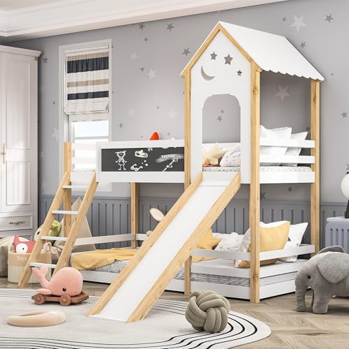 WOBOPCG Etagenbett mit Treppe und Rutsche (90 x 200 cm), Kinderbett mit Schreibtafel, Kinderbett mit Rausfallschutz, Bodenbett für Kinder, Etagenbetten aus Massivholz (Stil 2, Weiß)