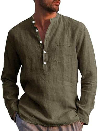 Runcati Camicia da uomo in lino, a maniche lunghe, in cotone, per il tempo libero, vestibilità normale, da spiaggia, verde militare, L