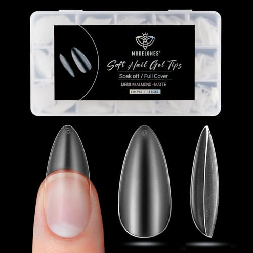 Modelones Almond Nail Tips -510Pcs Nail Tips for Gel Extensions Full Matte Full Cover Clear Acrylic Gel Kit False Press on Nails Manicure Salon DIY at Home 15 Sizes Medium