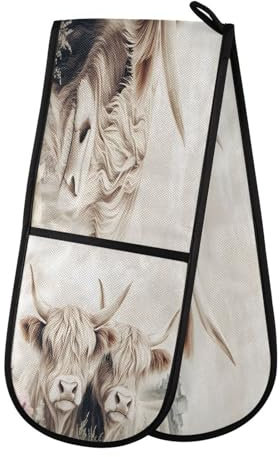 Oven Gloves Double Oven Gloves Highland Cow Cattle Flower Heat Oven Mitts Pot Holder Heat Resistant Quilted for BBQ Baking Kitchen Cooking Gloves