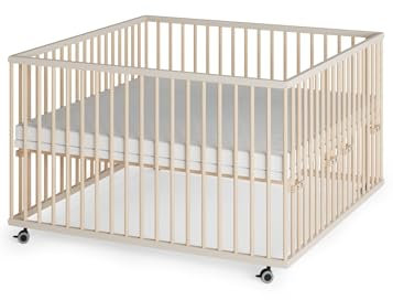 Sämann Laufstall Baby mit Matratze SleepPlus | TÜV geprüft | stufenlos höhenverstellbar | Laufgitter Premium | Babybett aus Holz | Krabbelgitter (sahara dust/natur, 120x120 cm)