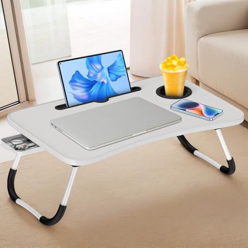 Huracan Laptoptisch für Bett, Laptop Betttisch Klappbarer, Tragbares Lapdesk mit Schublade und Tassenhalter, Laptop Ständer Bett Lapdesk, Laptop Table frühstückstisch fürs Sofa, Boden (60*40cm, Weiß)
