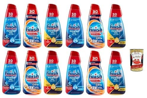 Finish Powergel - Detergente líquido para lavavajillas, multifuncional, efecto desengrasante, 30 lavados, 4 x 600 ml + Polpa italiana Gourmet 400 g