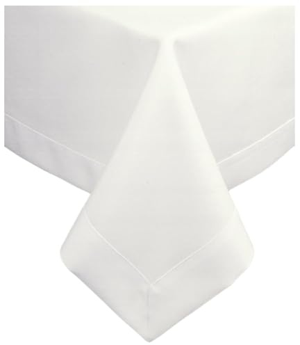 DECOOR Tischdecke 110 x 150 cm, schmutzabweisend, Matte, Cremeweiß | wasserabweisend, eckige Tischwäsche, aus Stoff in Leinenoptik, abwaschbar, mit dekorativer 5 cm Bordüre, 220 g/m²