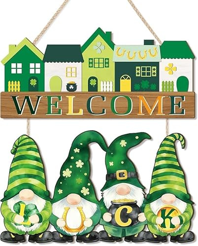 KAIRNE St Patricks Gnome Lucky Clover Welcome Front Door Hanging Decor Sign