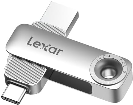 Lexar D50E Disque dur SSD double 1 To, clé USB jusqu'à 390 Mo/s en lecture, 400 Mo/s d'écriture haute performance, port USB-C et USB-A, boîtier en métal pivotant, compatible avec iPhone 17, Android
