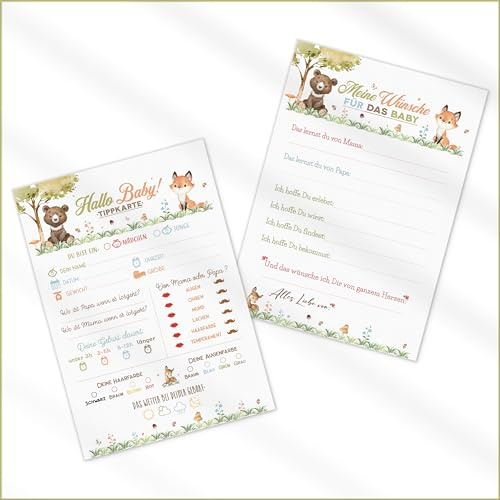 20x Waldtiere Baby Tippkarten DIN A6 (10.5x14.8 cm) | Babyparty Spiel | Baby Ratespiel | Babyparty Ausfüllkarten | Babyshower Geschenk | Babytippkarten | Karten zum Ausfüllen | Beidseitig bedruckt