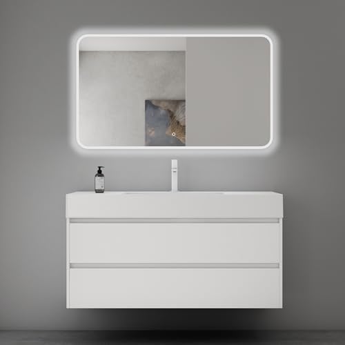 Mai & Mai Waschtisch mit Unterschrank Waschbeckenunterschrank 120x48x63cm | Badmöbel-Set mit 2-Schubladen in Weiß matt inkl. Waschbecken und LED-Badspiegel Deep