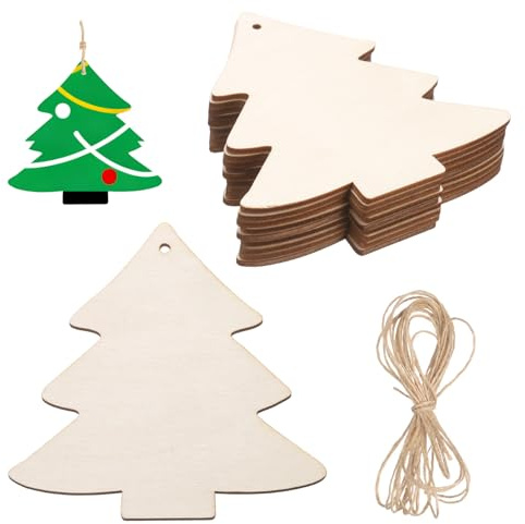 sourcing map 24Pcs Wooden Christmas Tree Ornaments to Paint, 4 x 4 DIY Blank Unfinished Wood Homemade Ornament with Rope for Art Crafts DIY Thanksgiving Halloween Birthday Gifts
