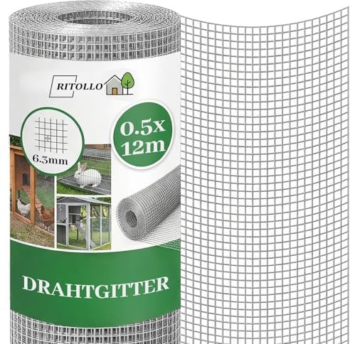 50 cm x 12 m Feinmaschiges Drahtgitter Verzinkt & Rostfrei – 6,3 mm Maschenweite, 0,55 mm Drahtstärke – Maschendraht Rolle für Voliere, Hasendraht, Kaninchendraht, Wühlmausgitter & Hochbeet (0.5x12m)