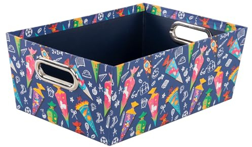 Idena 20223 - Aufbewahrungsbox aus festem Karton, Motiv Schultüte, Aufbewahrungskorb mit Metallgriffen, ca. 33 x 22,9 x 12,7 cm, Geschenkkorb zum Schulanfang