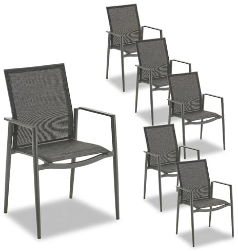 Liadomo Gartenstuhl 6er-Set Mannoli - 6 Stück Stapelstuhl - Aluminium mit Textilen - fertig montiert - stapelbar - wetterfest - für Garten, Terrasse, Balkon - Alu-Armlehnen
