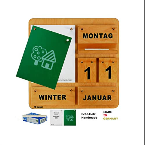 Dauerkalender Creativ D aus Holz 35 x 35 cm mit Block, Tafel, Holzablage und Kreide (deutsche Ausführung)