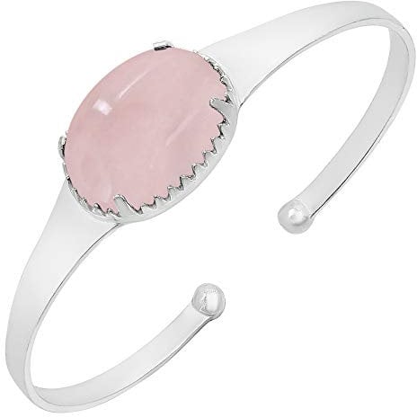 Natural Rose Quartz Cuff Bangle for Women – 925 Silver Plated Boho Style Bracelet – Pink Stone Adjustable Handmade Jewelry January Birthstone Bangle – Valentine's Day Gifts for Love