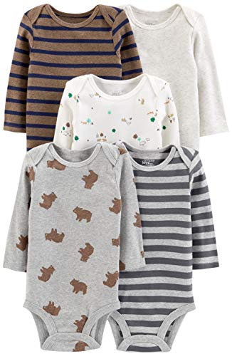 Simple Joys by Carter's Baby Long-Sleeve Bodysuit Pack of 5, Bear/Forest Animals/Stripes, 24 Months
