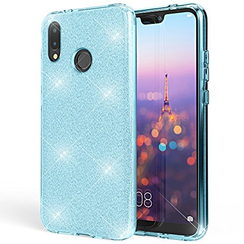 NALIA Handyhülle kompatibel mit Huawei P20 Lite, Glitzer Ultra-Slim Silikon-Case Back-Cover Schutzhülle, Glitter Sparkle Handytasche Bumper Dünnes Bling Strass Smartphone Etui, Farbe:Türkis