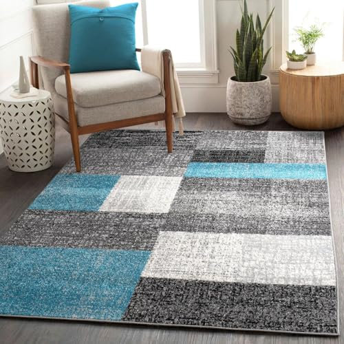 Kurzflor Teppich Preiswert Pflegeleicht Vintage Karo Muster Weiß Grau Türkis, Größe:80x150 cm