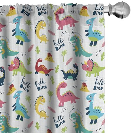 Lunarable Dinosaur Window Curtains, Hello Dino Typography with Funky Creatures and Plant Elements Dots Happy Theme, Lightweight Decorative Panels Set of 2 with Rod Pocket, 56 x 63, Yellow Pink
