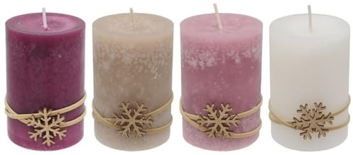 ZauberDeko 4 Adventskerzen Kerzen Stumpenkerzen Beere Beige Creme Schneeflocke Advent Weihnachten Deko Tischdeko