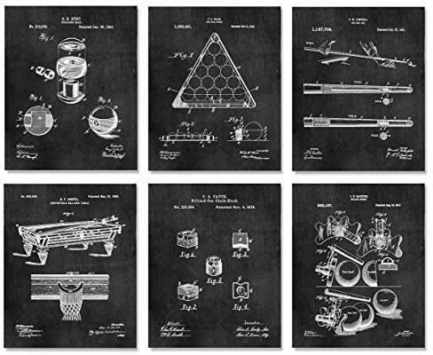 ArtCantHurtU - Wandkunst, Drucke, 20,3 x 25,4 cm, 6er-Set - Billard-Patent, Wandkunst, Kreidetafel-Drucke - Spielzimmerdekoration - Snooker-Kunstwerk - Geschenk für Pool-Spieler