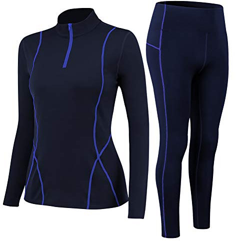 Fengzio Intimo Termico Donna Invernale, Maglia Termica Donno Funzionale Pantaloni e Maglie con Cerniera, Tuta Termice Donne Set per Sci Corsa Palestra-Blu,XL
