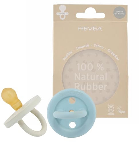 HEVEA Naturkautschuk BumiBébé Schnuller - Neugeborene 0+ Monate - Runde Sauger Form -Hygienisches Einteiliges Design für Neugeborene bis Kleinkinder, BPA-frei, Zweierpack (Denimblau & Salbeigrün)