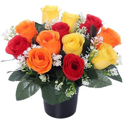 ArkiFACE Pot funéraire avec 12 têtes de Fleurs artificielles Jaune/Orange et Rouge 25 cm