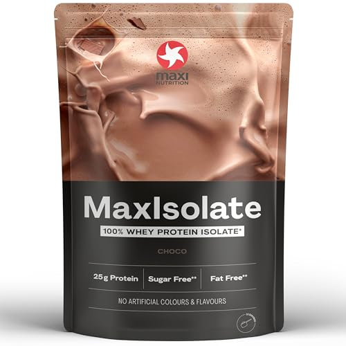 MaxiNutrition MaxIsolate 100% Whey Protein Isolat Schokolade 1 kg, Proteinpulver mit 83% Eiweiß, zucker- & fettarm, ohne künstliche Aromen, für einen leckeren Protein-Shake mit echtem Kakao