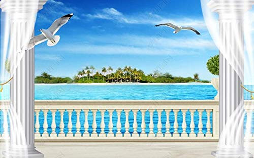 Fototapete 3D Effekt Tapete Fensterbrett Geländer Balkon Meerblick Tapeten 3D Vliestapete Wandbilder Wohnzimmer Tv Hintergrundbild Wanddeko 300x210cm