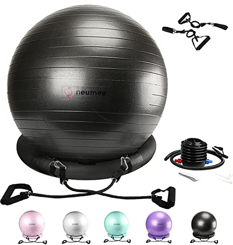 NEUMEE Exercise Ball Chair with Resistance Bands, Yoga Ball Office Chair with Stability Base for Home Gym, Workout Ball for Fitness, Large Size 65 cm