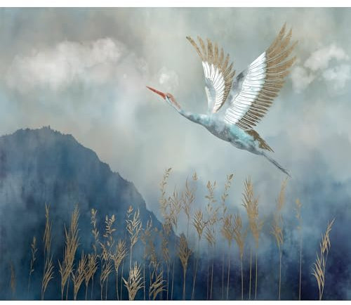 decomonkey Fototapete Landschaft 350x256 cm Tapete Fototapeten Vlies Tapeten Vliestapete Wandtapete moderne Wand Wandbild Schlafzimmer Wohnzimmer Berge Aquarelle Marine Hügel Storch Abstrakt Vögel
